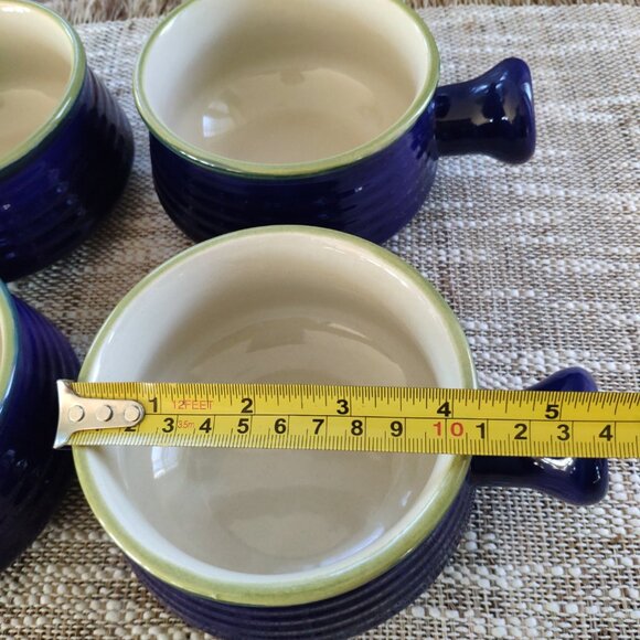 French Onion Soup Chili Bowls Set of 4, VTG Ribbed Cobalt Blue Green Rim 6" - Picture 7 of 11